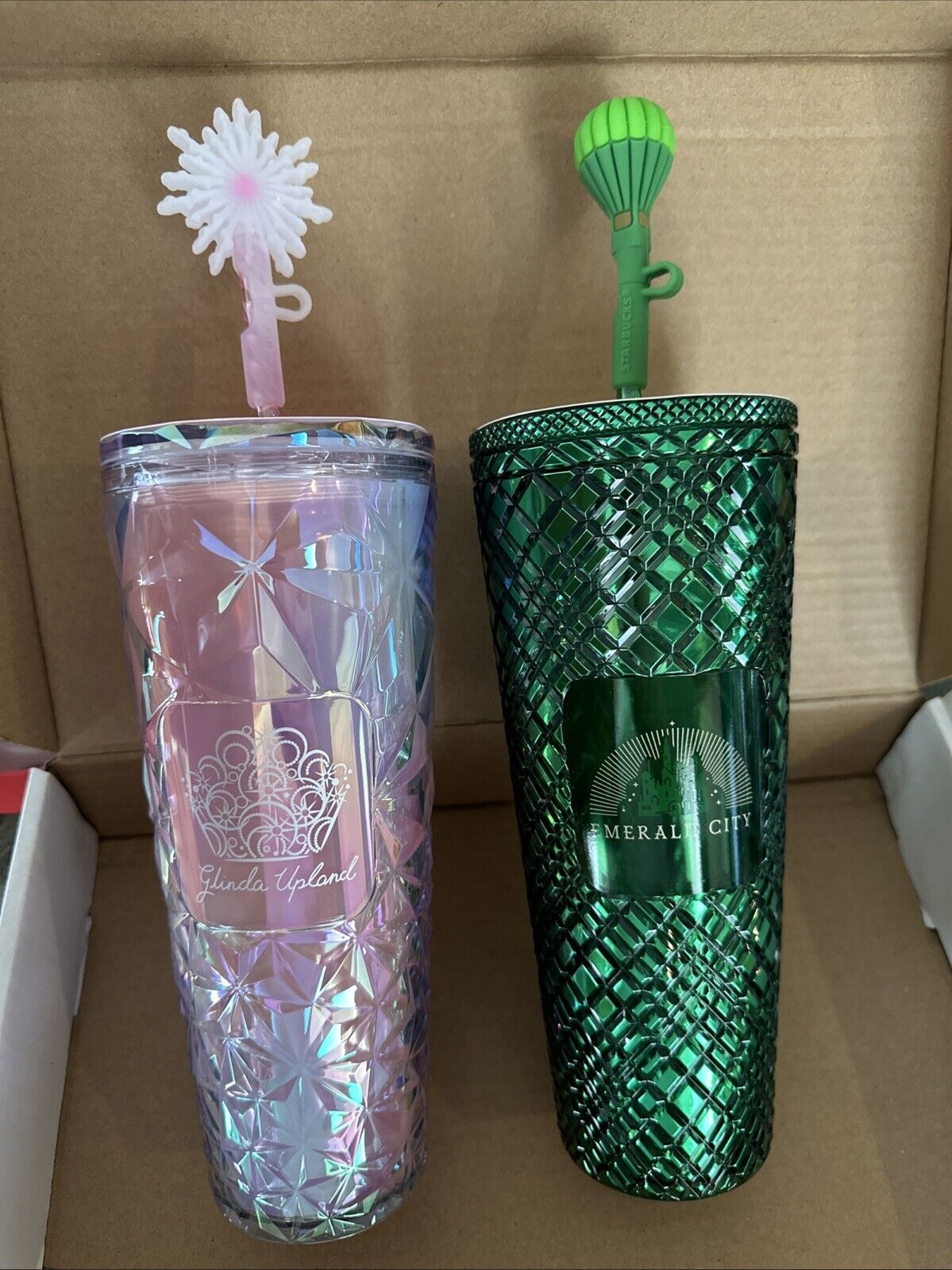 STARBUCKS WICKED 24OZ COLD CUPS: PRISM PINK GLINDA/WAND + EMERALD CITY/BALLOON - Sold on eBay December 14th, 2024 for $139.99