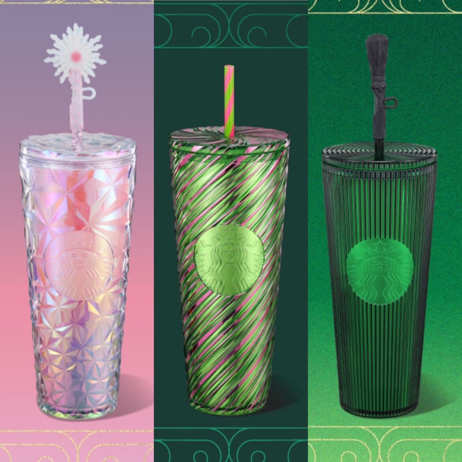 Ltd. Ed. Starbucks Wicked trio set: Glinda, Elphaba, Friendship Tumblers 2024 - Sold on eBay December 5th, 2024 for $197.85