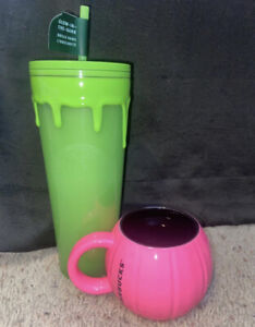 2 Starbucks Halloween Slime Green Glow In The Dark Tumbler Cup & Pink Mug  2023 - Sold on eBay September 29th, 2023 for $150.00