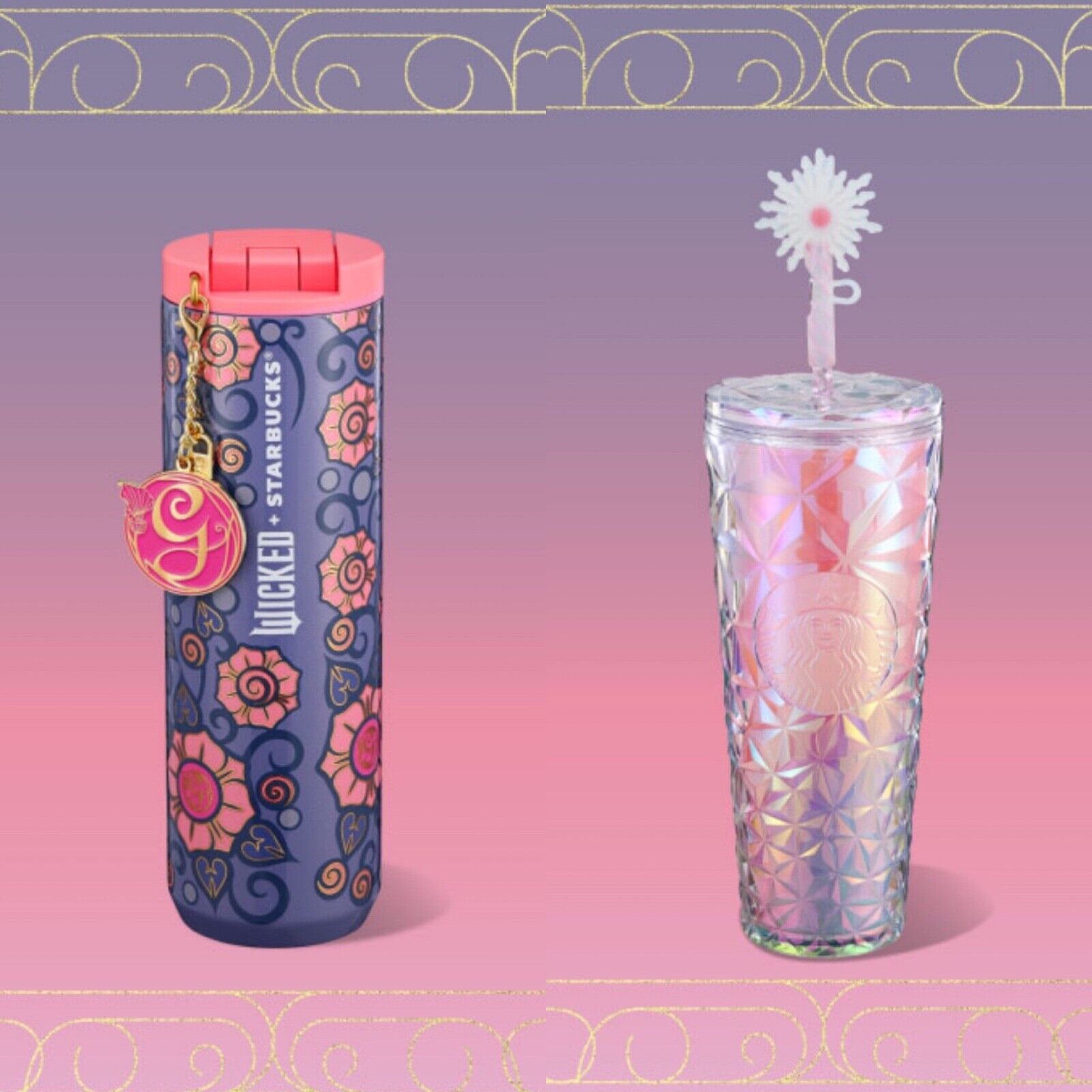 Ltd. Ed. 2024 Starbucks Wicked Glinda Travel cup & Prism Tumbler w/ wand Topper - Sold on eBay December 7th, 2024 for $119.00