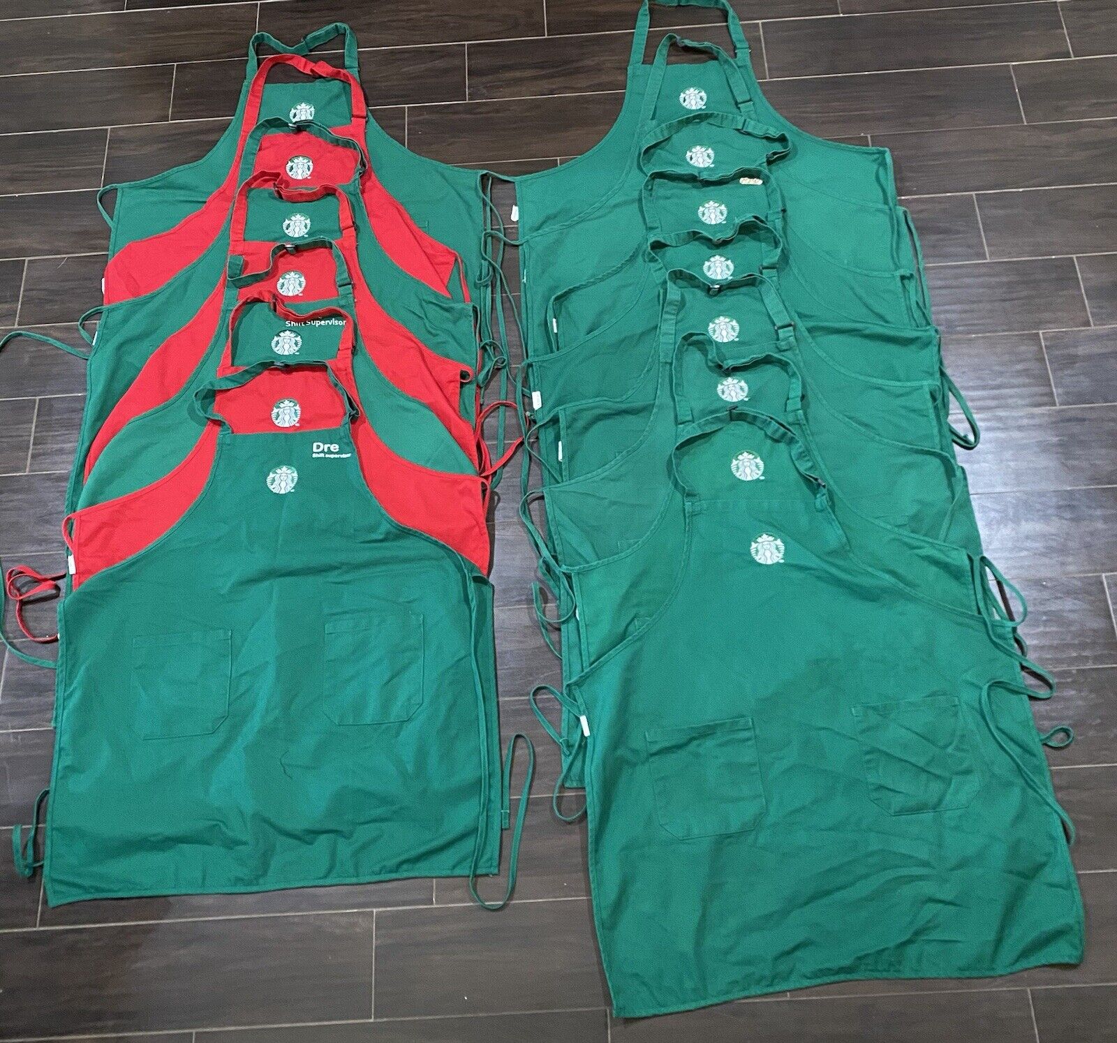 Lot Of 15 Starbucks Coffee Barista Aprons Green & Red, 2 Pockets, Embroidered - Sold on eBay February 9th, 2025 for $99.95