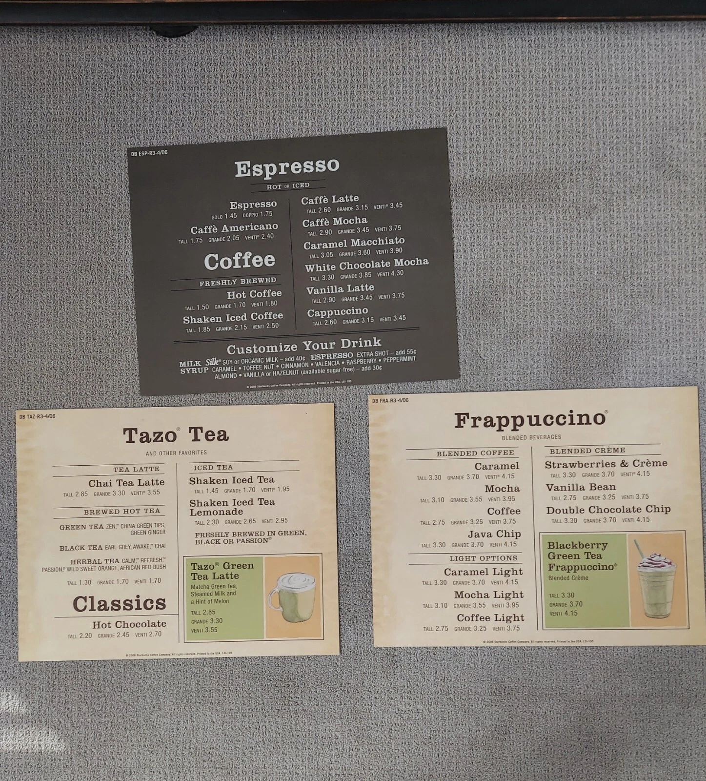 3 RARE Authentic STARBUCK'S Coffee Menu Signs Espresso Tazo Frappuccino 2006 - Sold on eBay May 2nd, 2025 for $225.00