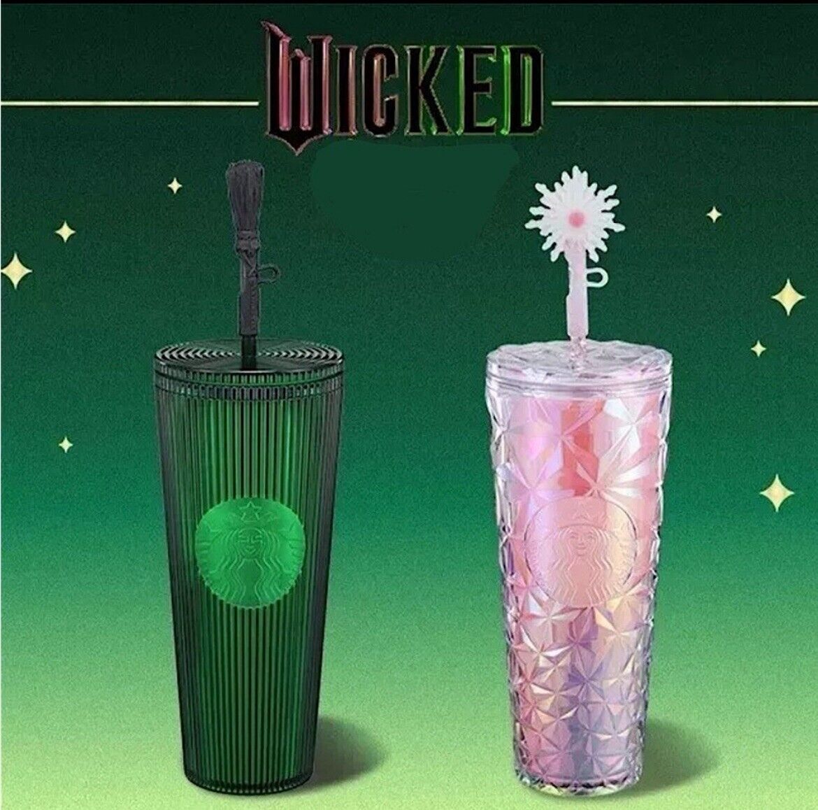 Wicked Starbucks Cold Cups 24 oz Pink Glinda & Green Elphaba Broom Topper - Sold on eBay January 2nd, 2025 for $299.99