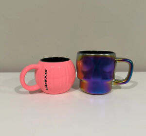 Starbucks 2023 Fall Halloween Pink Pumpkin & Rainbow Oil Slick Skull Mug Set - Sold on eBay October 26th, 2023 for $124.99