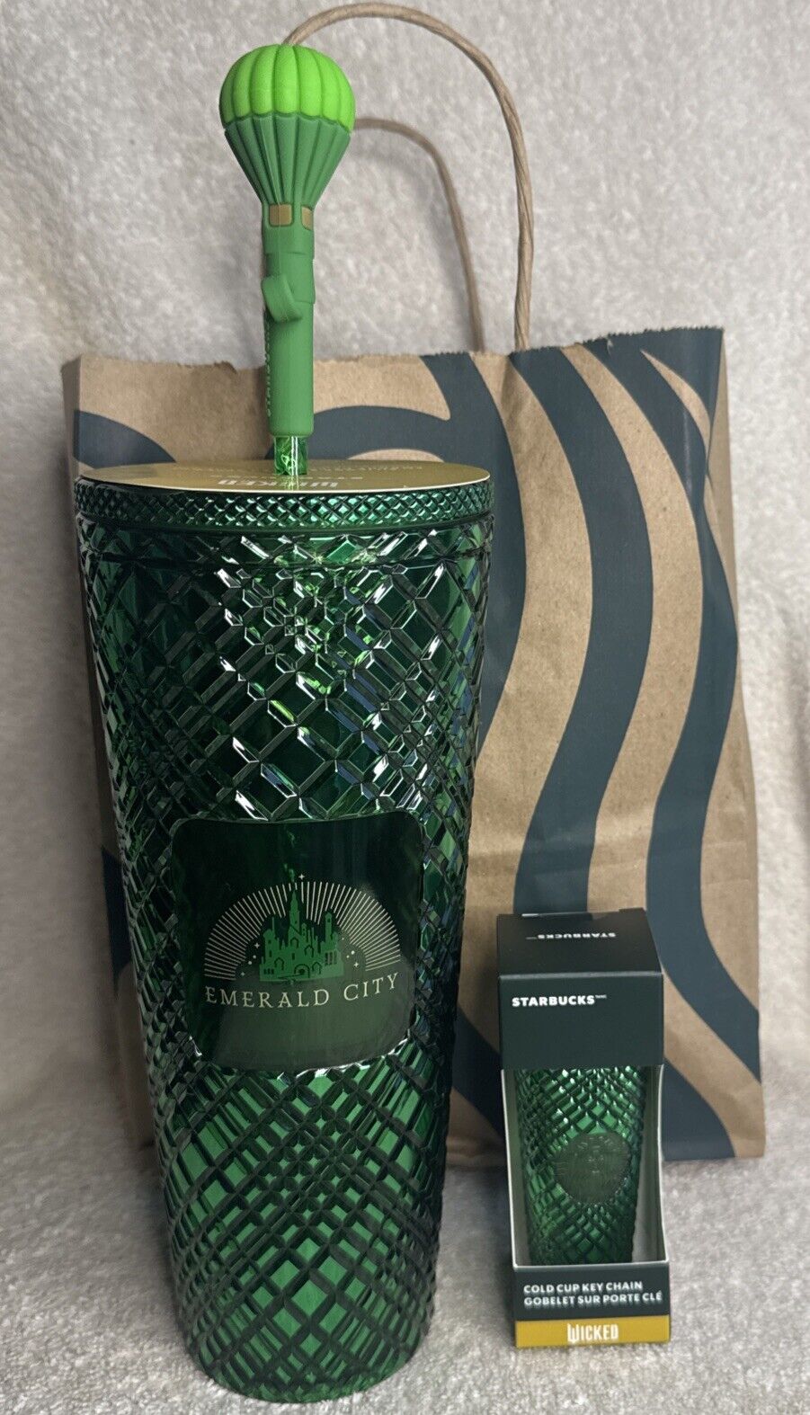 Starbucks Wicked 24oz Cold Cup Tumbler Emerald Green Elphaba Keychain Gift Bag - Sold on eBay December 3rd, 2024 for $99.00