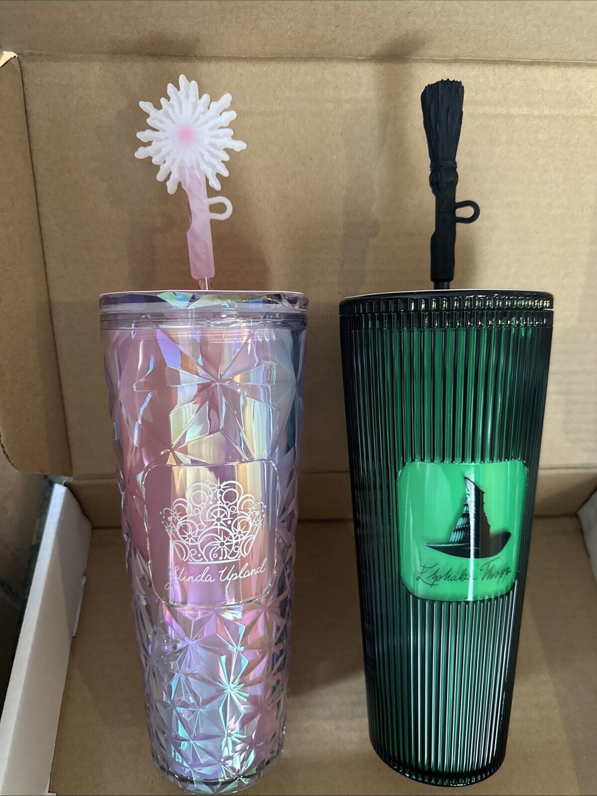 STARBUCKS WICKED 24OZ COLD CUPS PRISM PINK GLINDA/WAND + Elphaba Glow Dark/Broom - Sold on eBay December 12th, 2024 for $139.99