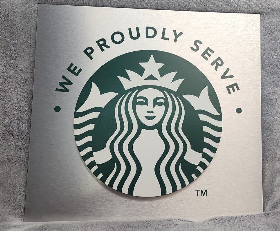 Starbucks Sign We Proudly Serve 17” X 16” Single Sided w/ Wall Mount Raised LOGO - Sold on eBay March 30th, 2024 for $79.99