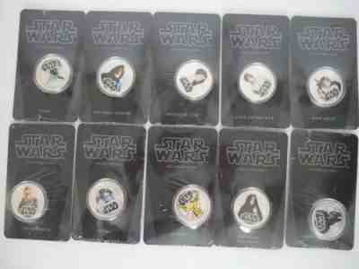 Star Wars Collectible $1 Coins Set of 10 New Zealand Mint Silver Plated Mint