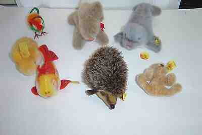 LOT OF 7 VINTAGE STEIFF ANIMALS-TEDDY, FISH ROOSTER SEAL PORCUPINE 2 BUNNIES