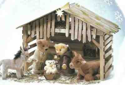 "STEIFF "MOHAIR NATIVITY SET" EAN 037597 OAK MANGER AND STALL & 5 STEIFF FIGURES