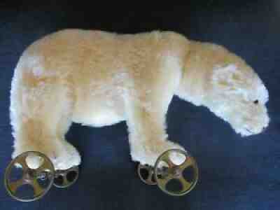 12" Long Antique Steiff Mohair Polar Bear On Wheels