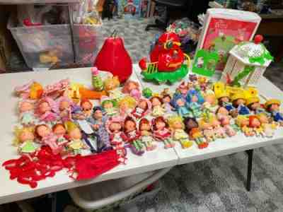 VINTAGE STRAWBERRY SHORTCAKE MEGA LOT 36 DOLLS CLOTHES TROLLEY GAZEBO CASES +++