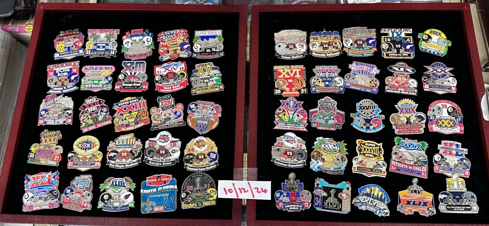 Willabee and Ward Super Bowl Pin Set of 50 with Wood Display Case