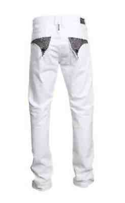 Robinâ??s Jean Men Denim Jet Black Swarovski Long Flap Pockets ST5698 White Sz 42
