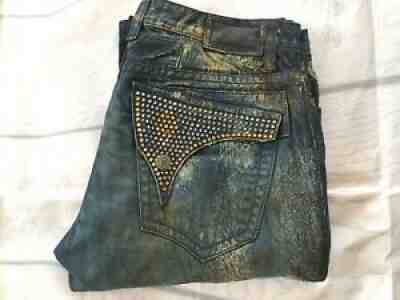 â?¨ROBINS JEAN Menâ??s Straight Leg Jeans Long Flap Swarovski Pockets Size 38ð??