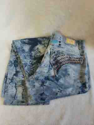 Robin's Jean 38 x 34 Flap Pocket Swarovski Crystal Destroyed Motor Tie Die Jeans