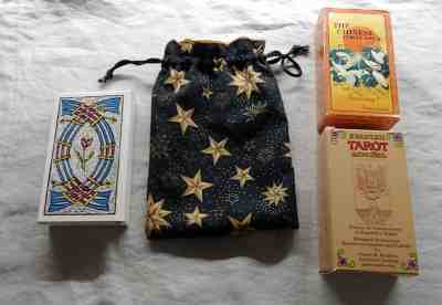 3 Tarot Lot & Drawstring Bag  Chinese Tarot, Spanish Tarot, Jonathan Dee Deck