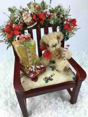 Miniature Christmas Bear w Festive Chair OOAK Tiny Teddies by Elke ID4455