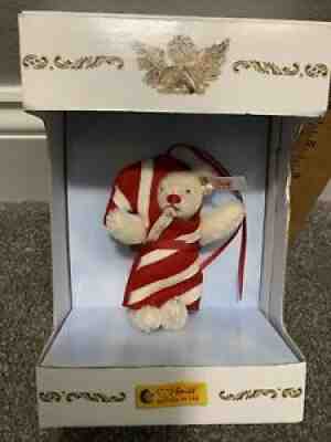 STEIFF â??CANDY CANE TEDDY ORNAMENT â??EAN 667466 WHITE MOHAIR BEAR 4â? 2004 COA