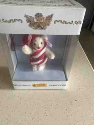 STEIFF â??CANDY CANE TEDDY ORNAMENT â??EAN 667466 WHITE MOHAIR BEAR 4â? 2004