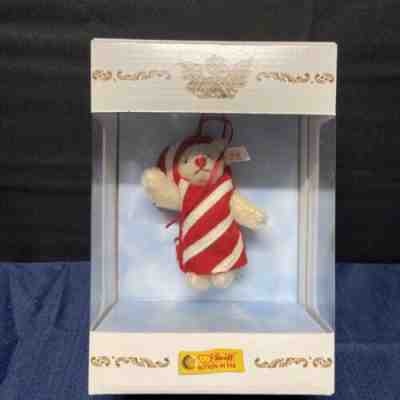 STEIFF â??CANDY CANE TEDDY ORNAMENT WHITE MOHAIR BEAR 4â? 2004 NEW IN BOX!
