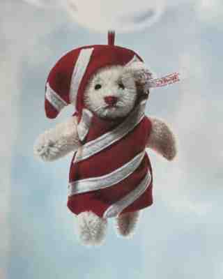 STEIFF â??CANDY CANE TEDDY ORNAMENT â??EAN 667466 WHITE MOHAIR BEAR 4â? 2004
