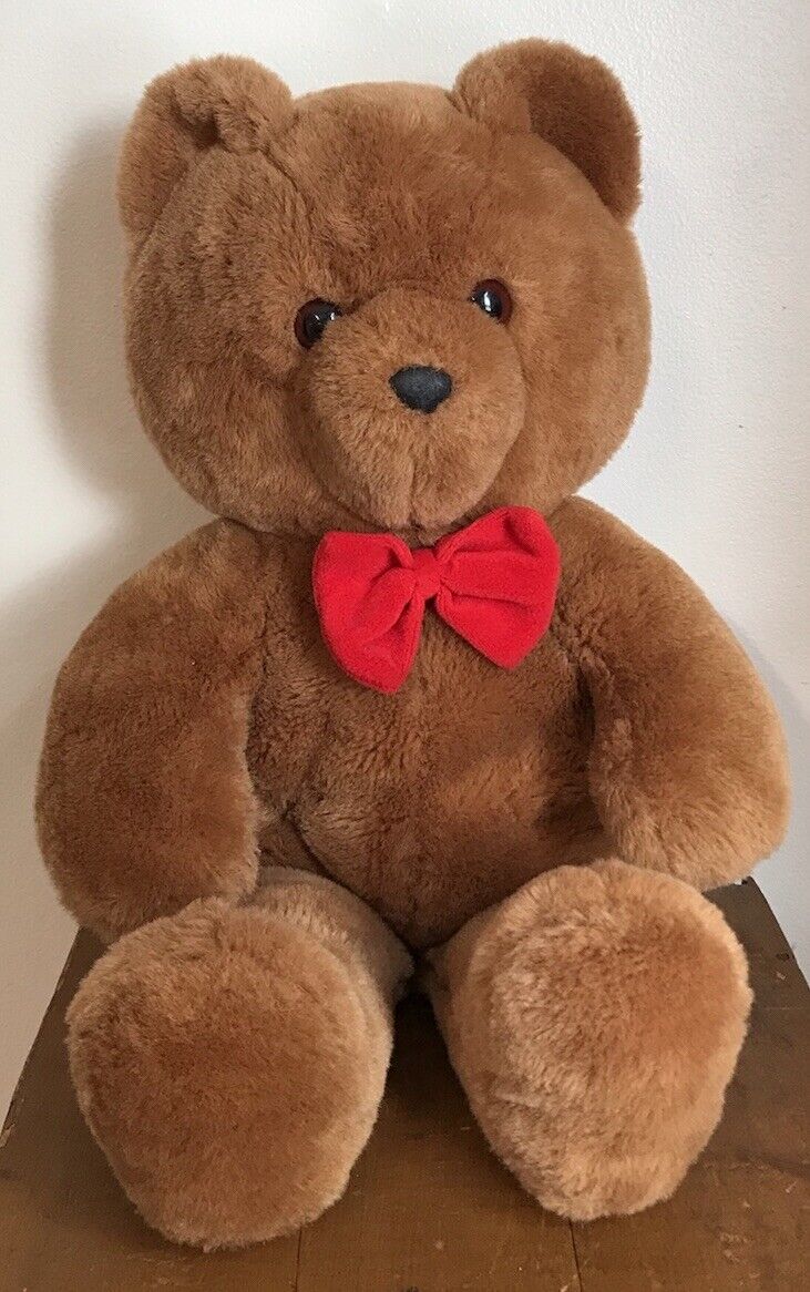 Vintage 80s Plush Teddy Bear w/ Red bow 20" Honey Jo Dakin Brown Stuffed Animal