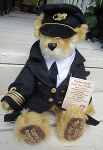 VINTAGE MOHAIR TEDDY BEAR TITANIC CAPT NAVY COAT HAT HERMANN GREEN TAG GROWL 17"