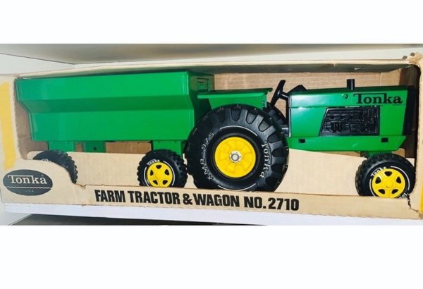 Vintage Tonka Farm Tractor & Wagon No.2710 Never Removed From Box Deere Colors