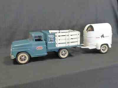 1963 1964 TONKA - Horse Trailer & Stake Truck Pressed Steel Toy w/ 2 Horses 