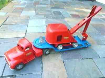1958 TONKA Truck w heavy load Flatbed Trailer & Mobile Clamshell Crane- 1 owner