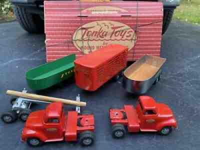 1954 Tonka Toy Truck Steel Grain Log Trailer Fleet Set 675-4 w/Box Pressed Steel