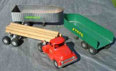 1950's Tonka Tractor Trailer Log Truck Grain Hauler Steel Trailer Set