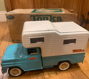 Vintage 1960's Turquoise Tonka Toys Pressed Steel Camper Pickup Truck # 530 box