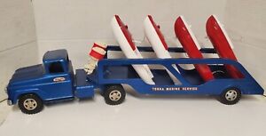 VINTAGE 1960s TONKA MARINE SERVICE BOAT HAULER WITH 4-BOATS 2-MOTORS OLD RESTORA