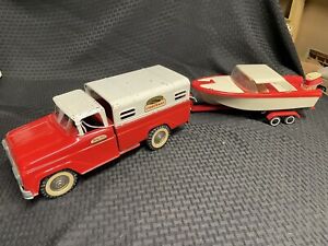 Vintage Tonka Toy Fisherman Clipper Boat Pickup Truck Trailer Set Pressed Steel