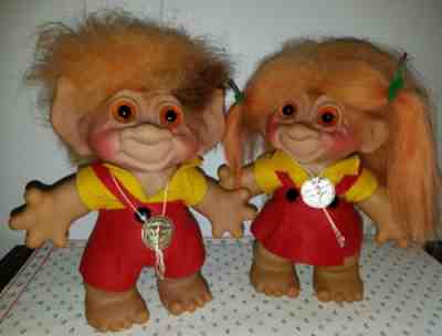 Rare Vintage 1961 Euro Thomas Dam 8" Lykketrold Gjol Boy & Girl Troll Dolls Tags
