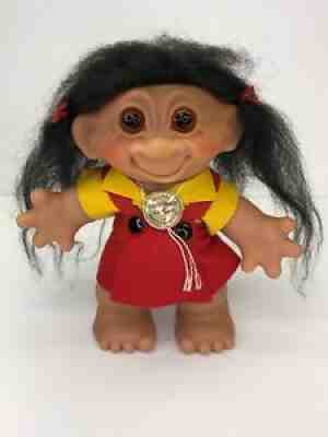 Original 1961 Dam Lykketrold Gjol 8" Girl Troll Felt Red Dress & Yellow Shirt