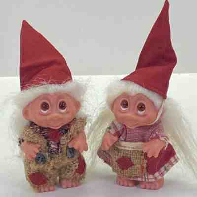 1985 Vintage Dam Troll Dolls White Hair Granny Matching Gnome Outfits Set of 2