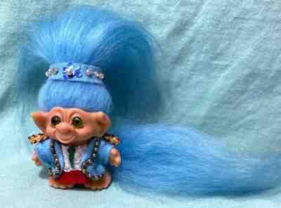 1960's Small TAILED TROLL - Extra Long BLUE HAIR - Original Green Eyes - Tail