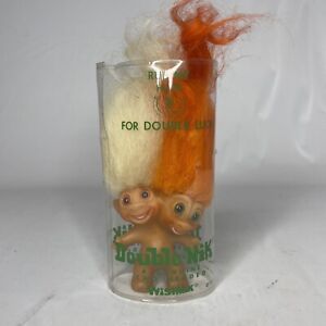 Vintage 1960s Uneeda WishNik Double-Nik Two Headed Troll + Container Orange