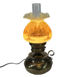 Fenton Cabin In The Woods Uranium Glass Hurricane Lamp Hand Painted & Signed