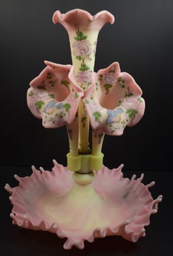 Fabulous Fenton Burmese Vaseline Glass Epergne Hand Painted & Signed W Frit Work