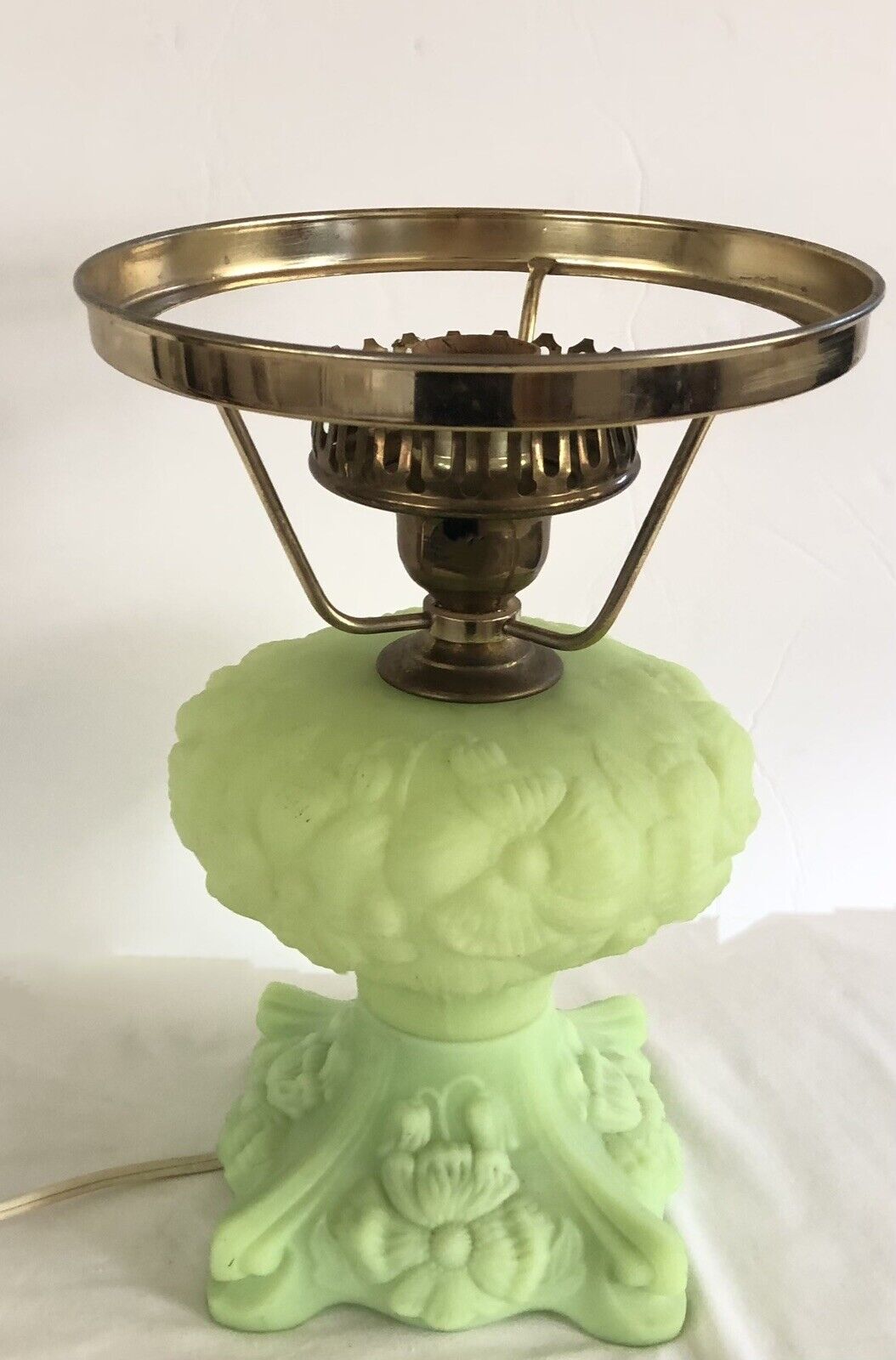 Fenton Lime Green Uranium Glass Poppy Flower Pattern GWTW Lamp - Glows No Shade