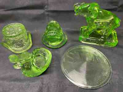 5 Green Vaseline glass set lot uranium Elephant squirrel stop car top hat shark