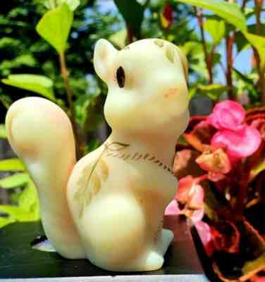 Fenton Vaseline Burmese 95th Anniversary Squirrel signed M Archer uranium glass