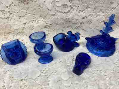 Blue Vaseline glass set lot uranium Cobalt Indian eyewash squirrel turtle skull