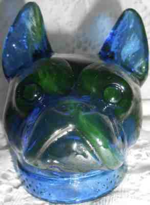 Blue Vaseline glass Boston Terrier dog head puppy french bulldog uranium cobaltÂ