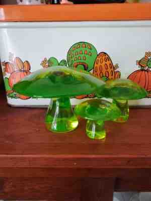 Vintage Viking Vaseline Glass Mushroom Set w/ JUMBO MCM Uranium Glass Mint
