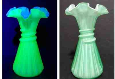 Fenton Uranium Green Glass Wheat Vase White Overlay Stunning 7.5